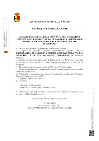 Imagen CONTRATACIÓN PÚBLICA - Licitación del contrato administrativo especial para la explotación de la barra y limpieza del Bar de la Piscina Municipal y el Centro Social Integrado.